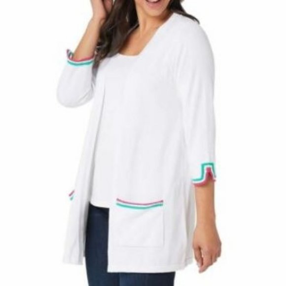 Susan Graver Sweaters - Susan Graver Cotton Rayon Sweater Cardigan w/ Trim